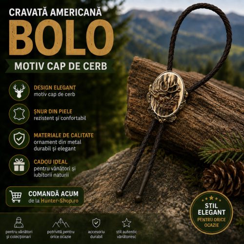Cravată Americană Bolo cu Cap de Cerb din Corn și Metal – Accesoriu Elegant pentru Vânători, Cadoul Perfect