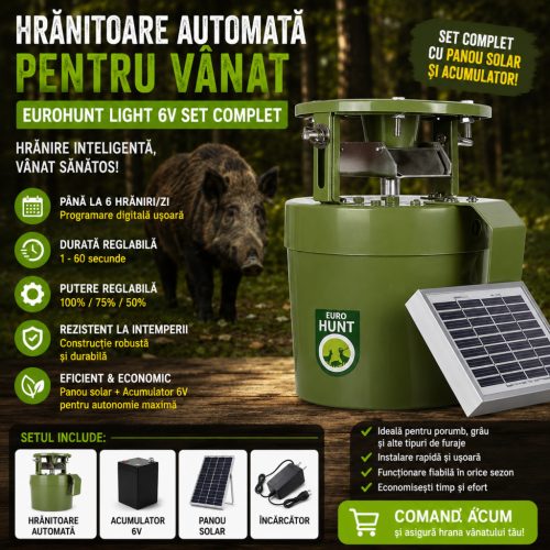 Hrănitoare Automată pentru Vânat EUROHUNT Light 6V SET Complet – Panou Solar, Acumulator și Încărcător Incluse | Programare Digitală până la 6 Hrăniri/Zi