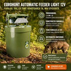   Hrănitoare Automată pentru Vânat EUROHUNT Light 12V – Dispersor Hrană Programabil cu Timer Digital, 6 Hrăniri/Zi, Împrăștiere Reglabilă