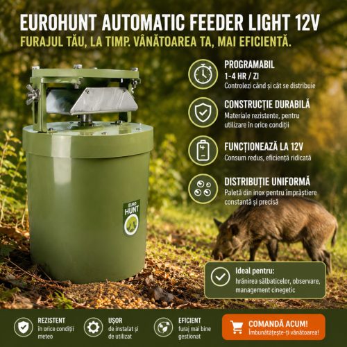 Hrănitoare Automată pentru Vânat EUROHUNT Light 12V – Dispersor Hrană Programabil cu Timer Digital, 6 Hrăniri/Zi, Împrăștiere Reglabilă