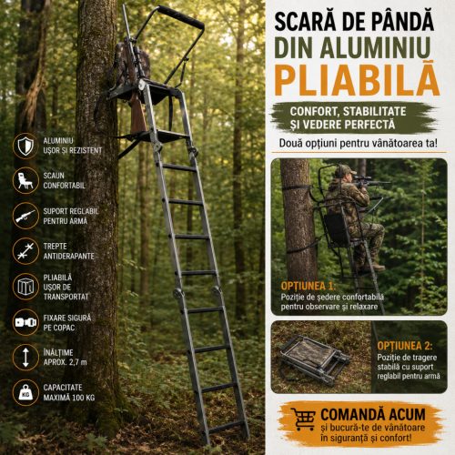Scară de Pândă din Aluminiu Pliabilă cu Scaun și Suport pentru Armă – Ușoară, Stabilă și Confortabilă pentru Vânătoare