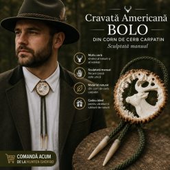   Cravată Americană Bolo din Corn de Cerb Carpatin – Sculptată Manual, Motiv Cerb, Cadou Premium pentru Vânători
