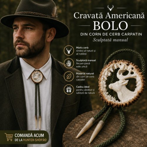 Cravată Americană Bolo din Corn de Cerb Carpatin – Sculptată Manual, Motiv Cerb, Cadou Premium pentru Vânători