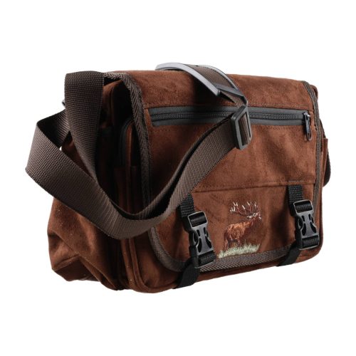 Geantă de vânătoare Forsport maro, aspect piele întoarsă, cu broderie cerb