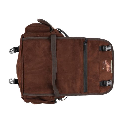 Geantă de vânătoare Forsport maro, aspect piele întoarsă, cu broderie cerb