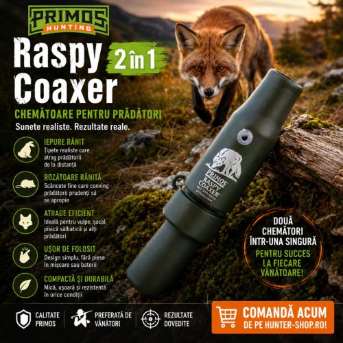 Chemătoare Prădători Primos Raspy Coaxer 2 în 1 – Sunete Realiste de Iepure și Rozătoare Rănite pentru Vulpe, Șacal; 2 in 1