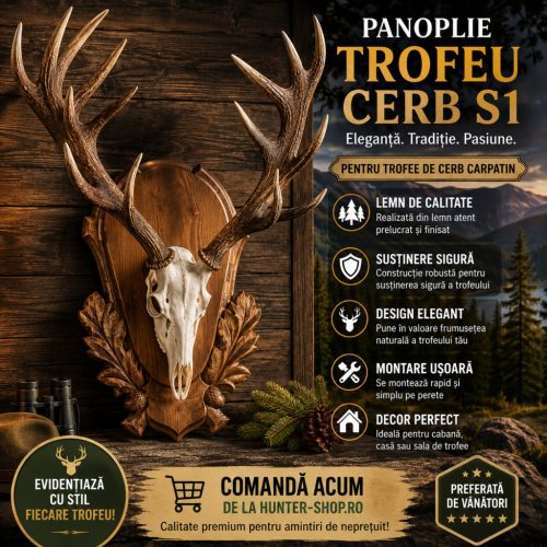 Panoplie pentru Trofeu de Cerb S1 – Suport Elegant din Lemn pentru Montarea și Expunerea Trofeului de cerb